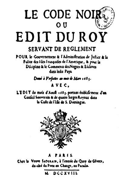 Page de titre d'une édition du Code noir imprimée à Paris en 1718.